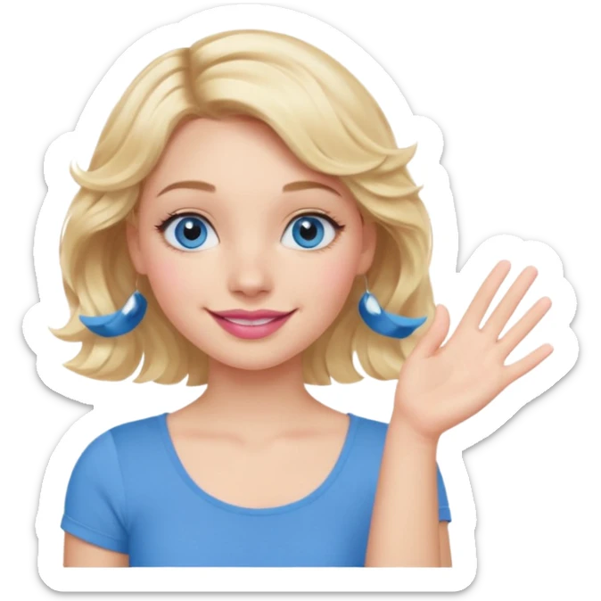 Girl Blonde short wavy hair,  blue eyes, cute blue top, long lashes, pink lips, smiling, one hand palm up side ways  sticker