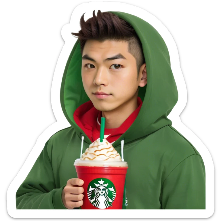 Japanese boy holding Frappuccino in Starbucks cup with a big red laccrose hooding on sticker