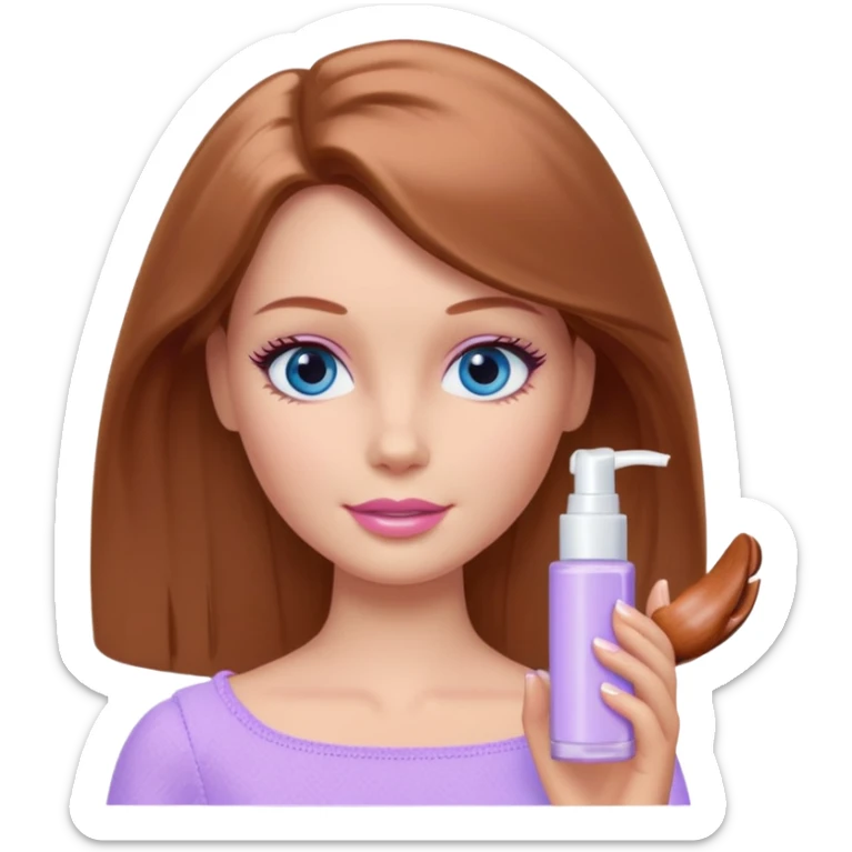 Barbie girl Chestnut Shoulder-length hair and blue eyes is In pale purple applying cream on face sticker