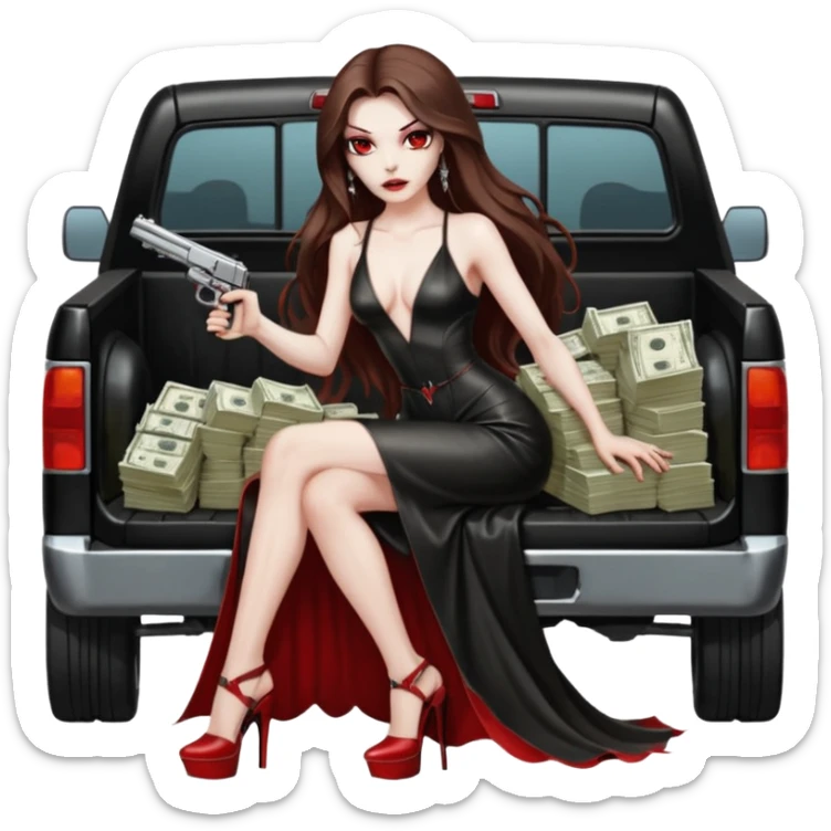 Lilith symbol red eye seductress evil long brown haired sexy succubus woman with leather long dress with slit on, sitting in Big Large F350 pickup truck. Platform long high heels on feet. Back seat full of stacks of cash, she is  Holding a human skull of her enemies and a gun in other hand sticker