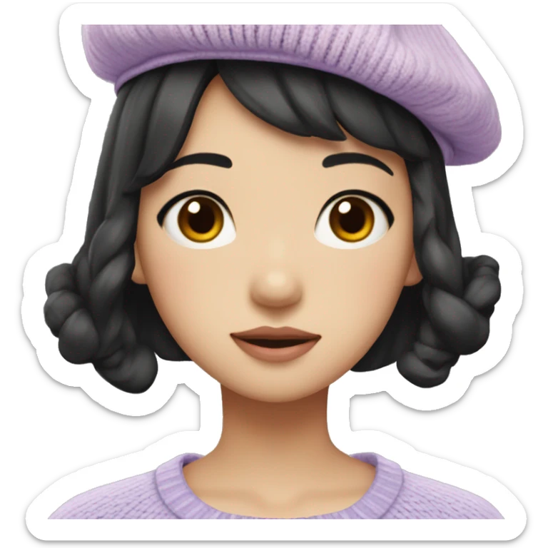 korean girl short black hair sharp jawline, attractive wearing a lilac sweater and beret and bow sticker