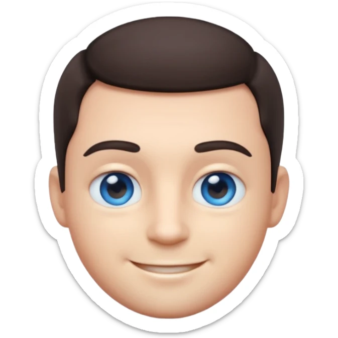 Cute 3D emoji of a smiling man with short dark hair and blue eyes, round face, simplified features, oversized glossy eyes, soft gradient shading, pastel tones, clean vector style, smooth edges, minimal background, transparent PNG, sticker icon sticker
