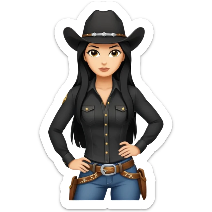 confident hot tanned woman with long black hair cowgirl style wearing black outfit with strong pose sticker