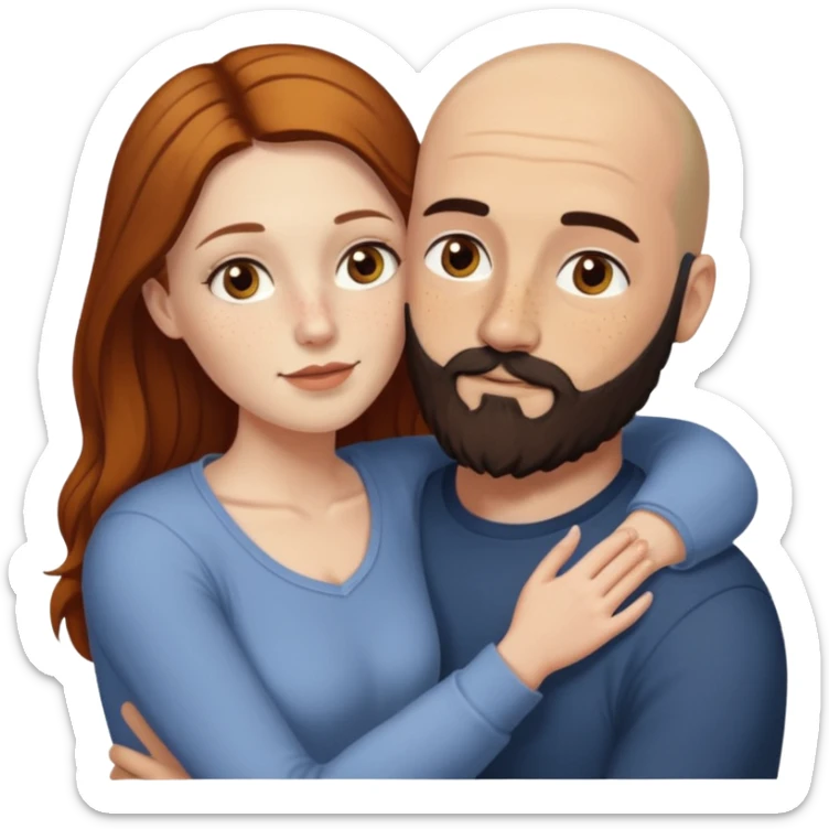 Couple. Bald man with dark brown-black beard. White woman with many small, faded freckles, she has white skin and she has auburn-yellow-brown-cinnamon, dark long hair. She has light brown eyes. The man have hazel eyes. Retro style. They hug. sticker