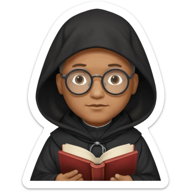 Monk priest prayer black habit with hood round black glasses done light brown wavy hair under hood remove the medallion smaller more round glassed age 46 no necklace more oval face hand holding book that says RB 480 sticker