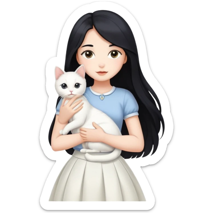 A beautiful girl with long black hair wearing a white skirt holds a cute white cat in her arms sticker
