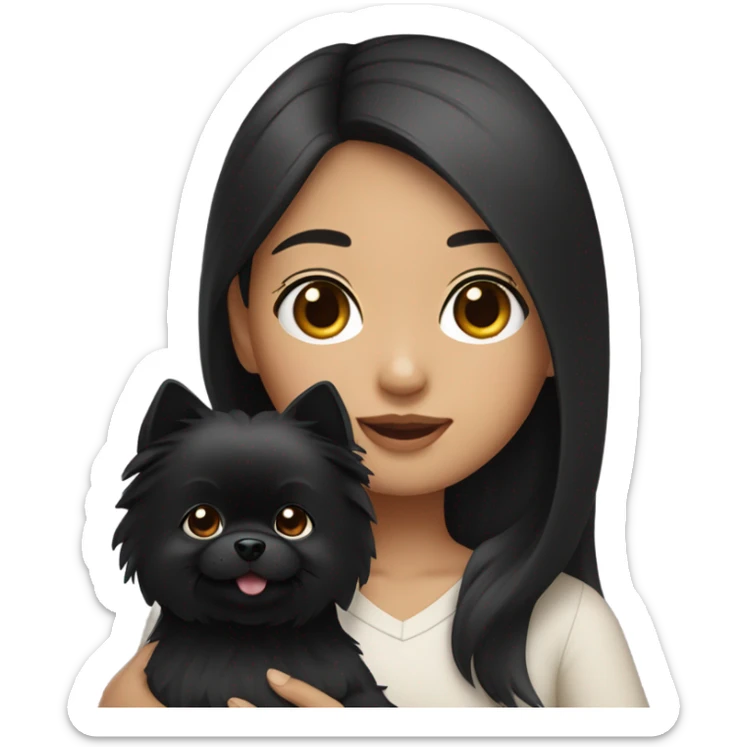 Asian looking girl with black hair, middle part with her black Pomeranian dog  sticker