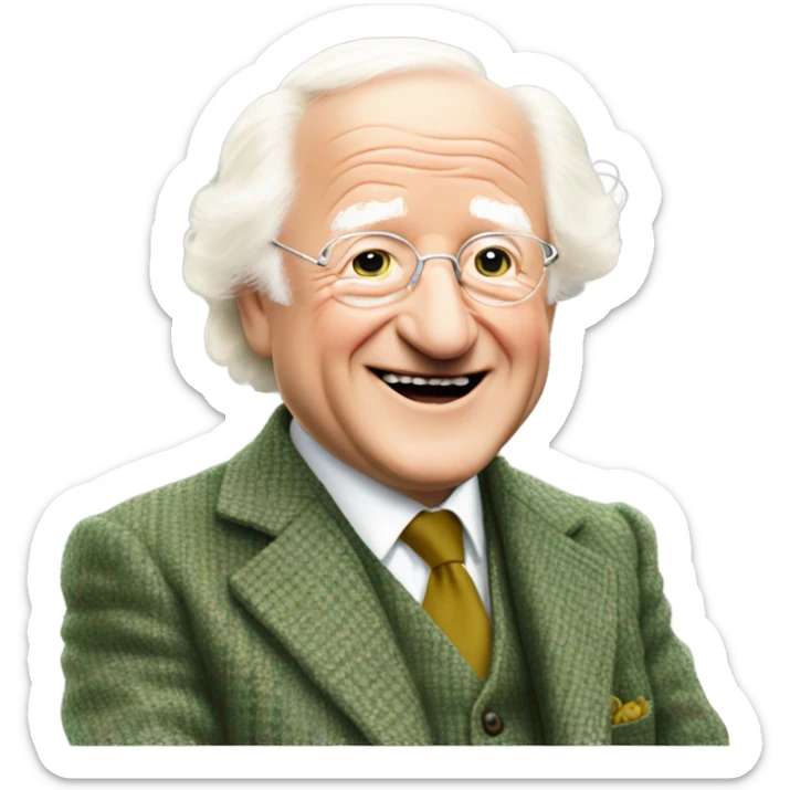 michael d higgins smiling and wearing green tweed suit and waving sticker