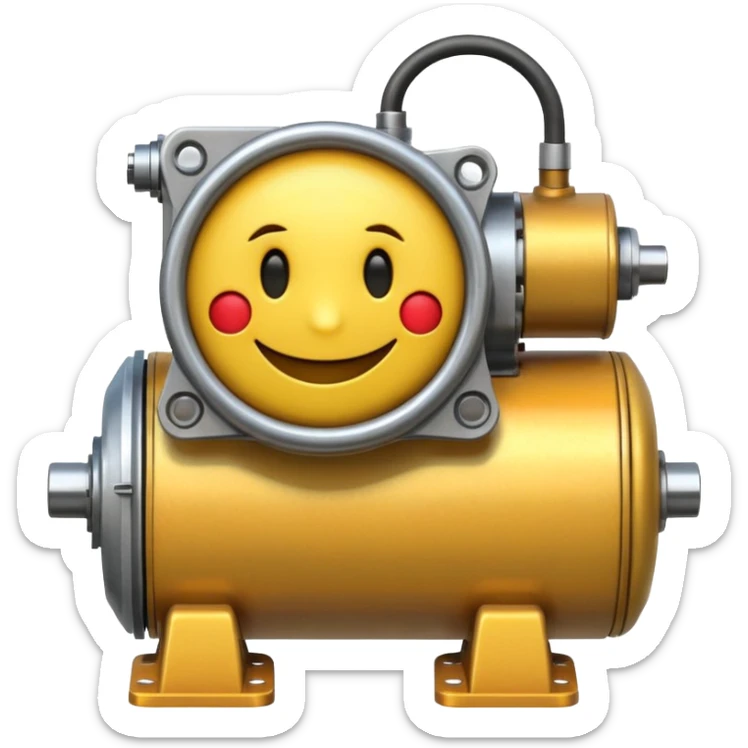 Industrial mechanical motor with a smiley face, emoji for the new electric music genre Motor breaks must be friendly and sellable must be small but clear child friendly, ready to use as a logo, motor synth make sure it's not Cold sticker
