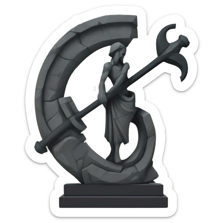 Stone sculpture scythe with a geometric, faceted design. The scythe is standing upright on a base with angular and baroque features. The vibrant midtone subtlety of dark neutrals highlights the sharp edges and planes.  sticker