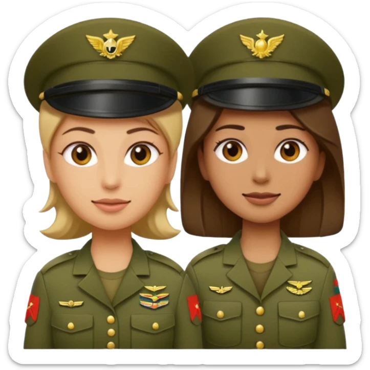 one emoji (female) wearing Army combat uniform and a second emoji (male) wearing the army green service uniform sticker