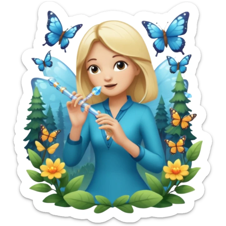 woodland sticker character, blonde woman playing crystal flute, butterflies around sticker
