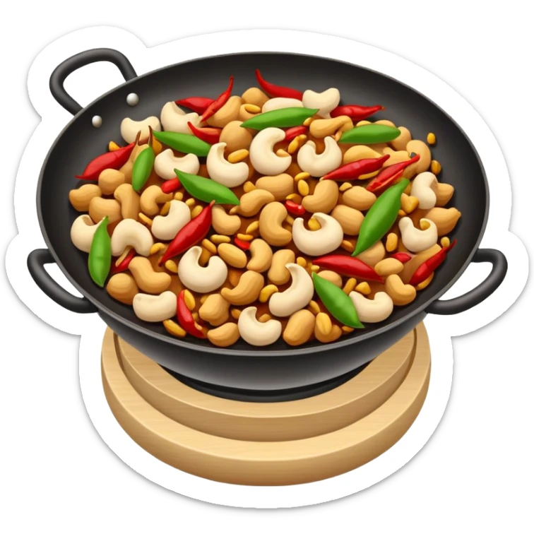 Kung Pao Chicken with peanuts and dried chilies in wok, simplified emoji style with bold outlines and bright colors, cartoon style Gongbao Jiding classic stir-fry sticker