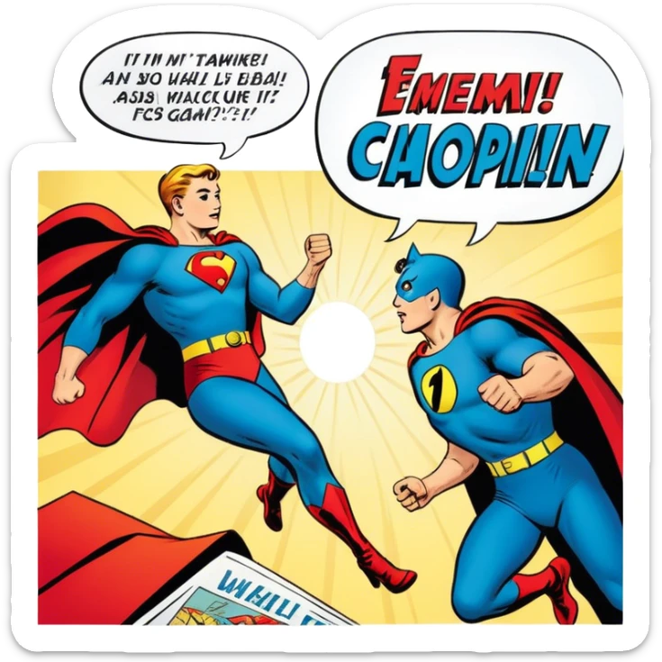 Icon for Vintage American Comics: an open comic magazine with classic 1940s-1950s American comic art, featuring superheroes in bold, bright colors, with action panels and exaggerated speech bubbles. The icon should represent the nostalgic style of vintage comics. Transparent background. sticker