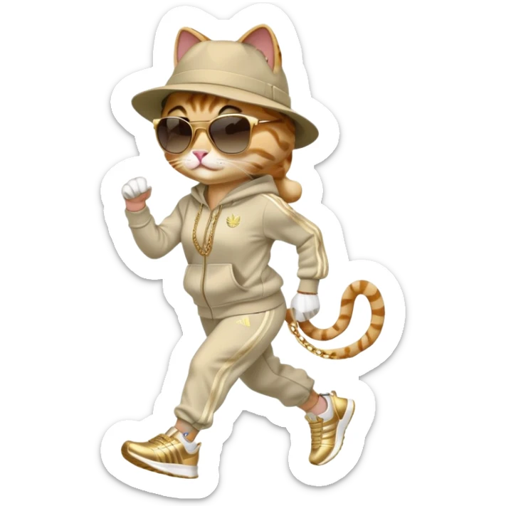 female cat with strong Run DMC hip-hop vibes, bold tracksuit, Adidas sneakers, gold chains, fedora hat, dark sunglasses, jogging upright sticker