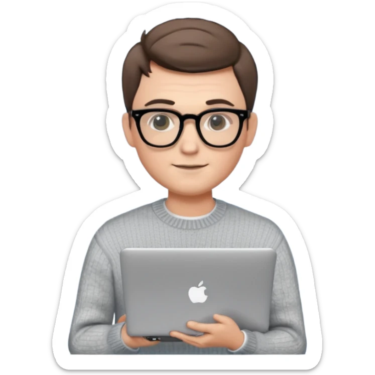 male memoji, attractive man with glasses, stylish haircut, elegant sweater, holding a laptop, charming intelligent look sticker