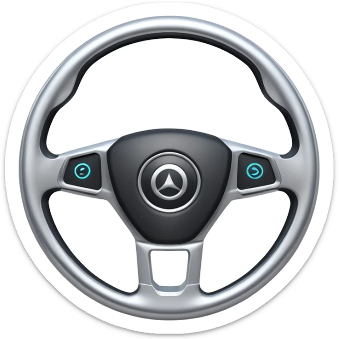 A futuristic steering wheel emoji made of silver chrome, minimal geometric design, smooth metallic surface, soft reflections, iOS emoji style, centered, clean white background sticker