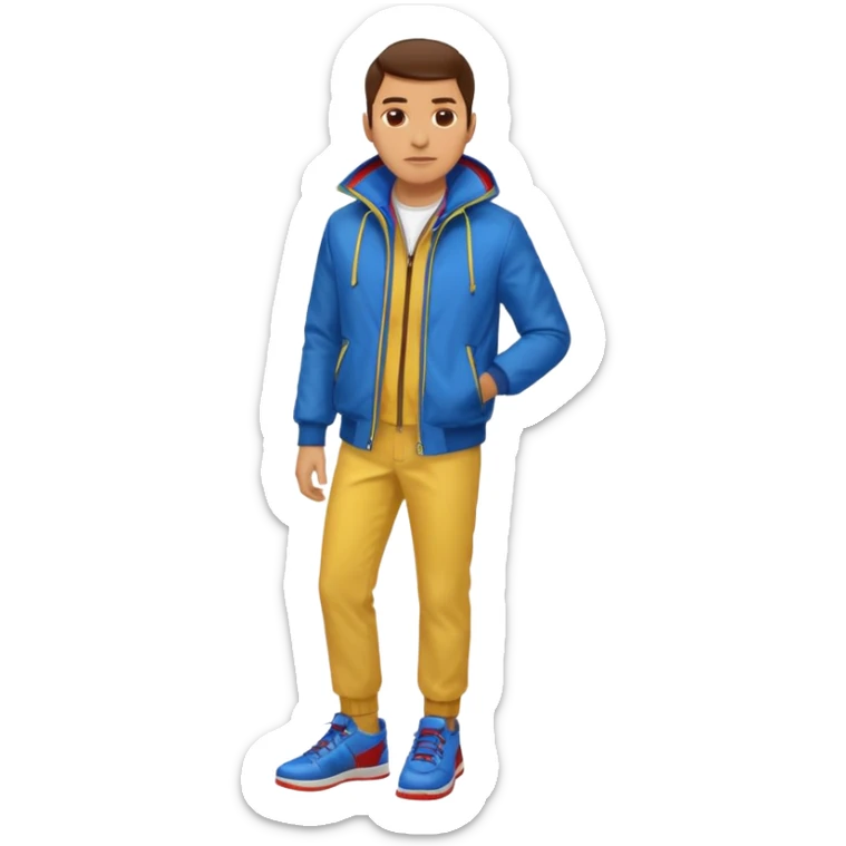 un hombre con: una chaqueta amarilla, pantalones rojos y zapatos azules. sticker