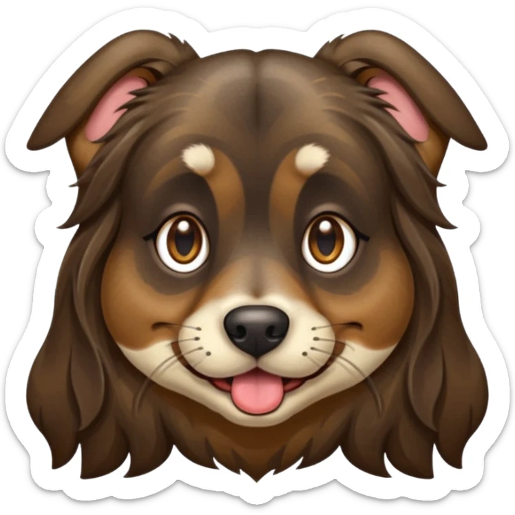 dog face with long black+brown brindle coat and bridge of nose. ears stand up w/ tips folded down. make eyes light brown-ish gold. widen tongue and add dark splotch. keep mane long.  sticker