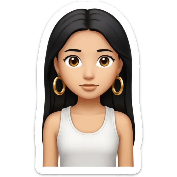 Create an ios iphone emoji of a girl with black long straight layered hair with dark brown eyes, caramel coloured skin colour and wearing a white tank top and wearing small gold hoop earings sticker