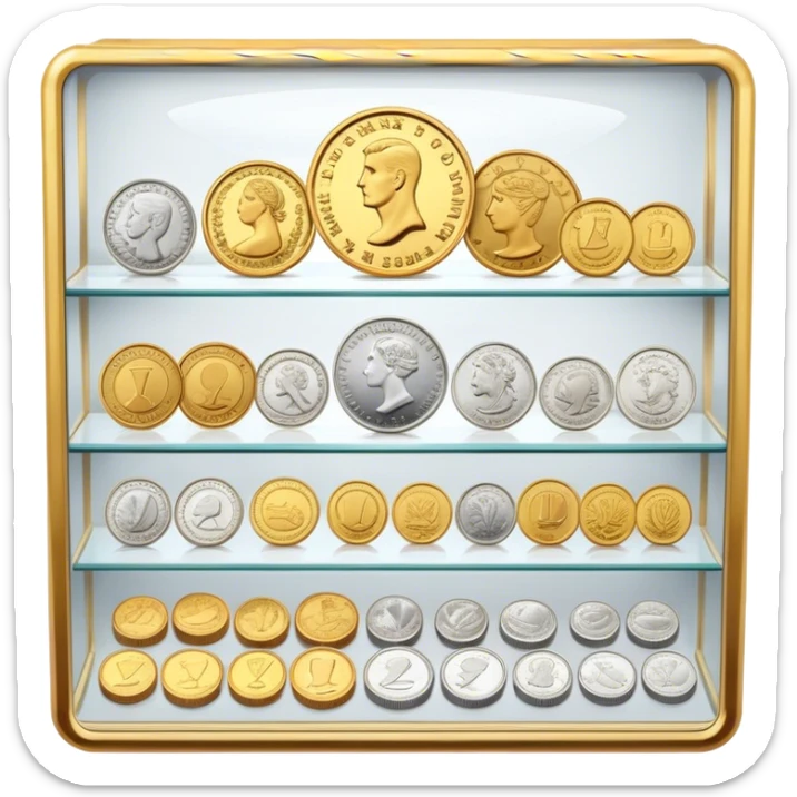Icon for Coin Collecting: a collection of various vintage and modern coins, neatly arranged in a display case or on a table. The icon should highlight the diversity and historical value of coin collecting. Transparent background. sticker