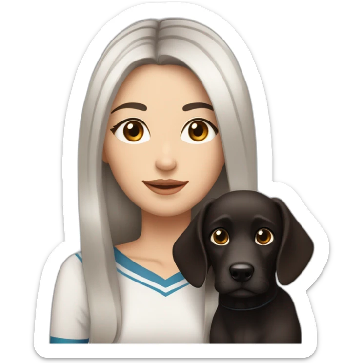 One white women with long dark brown hair and long eyelashes dark brown eyes and thick dark brown eyebrows with one black dog with a white stripe on the neck and ears raised up sticker
