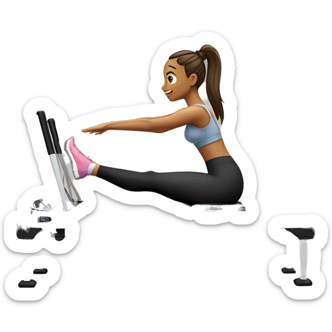 "Girl on a Pilates reformer machine, mid-exercise, wearing leggings and a top, in a bright studio."






 sticker