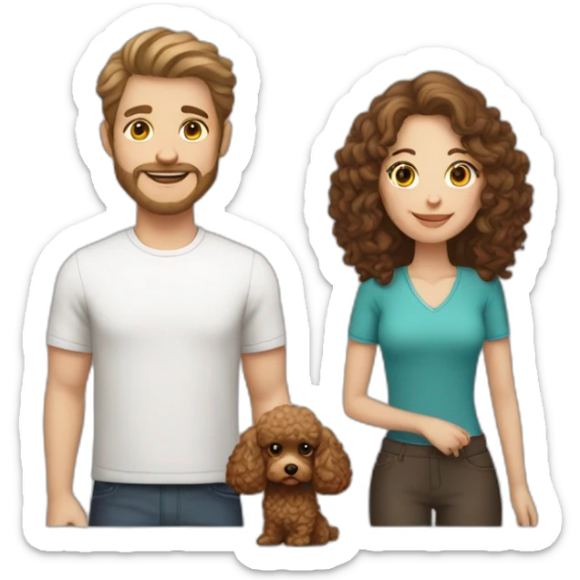 A white man with light brown hair, a white woman with long dark brown hair and a toy poodle with brown hair sticker