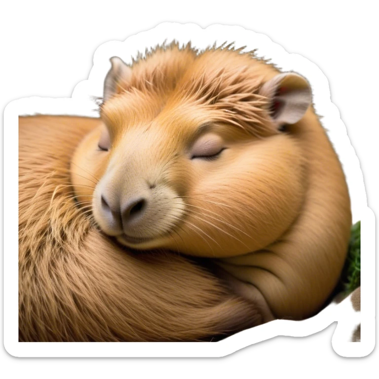 Meme-Worthy Cute Sleeping Capybara Portrait Emoji, Head resting peacefully with a contented smile, showcasing luxuriously soft, fluffy fur and a characteristic capybara head with a broad snout and small, gentle ears, with eyes gently closed in serene slumber, Simplified yet hilariously adorable features, highly detailed, glowing with a soft, drowsy natural light, high shine, relaxed and utterly lovable, stylized with an air of playful laziness, bright and heartwarming, soft glowing outline, capturing the essence of a sleeping capybara that feels destined to become the next viral sensation of adorable rest! sticker