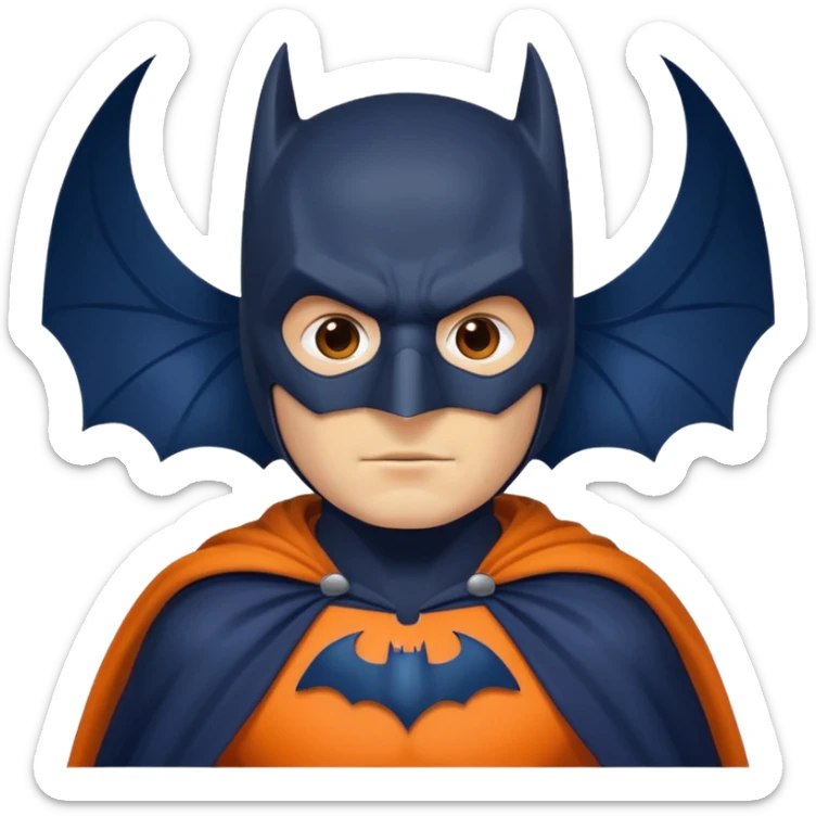 generate a batman emoji with just the face and neck showing and part of the cloak and and wings. Shade the mask in dark navy blue.  Shade the cloak in a solid vibrant orange. Shade the bat logo in a bright medium olive green. sticker