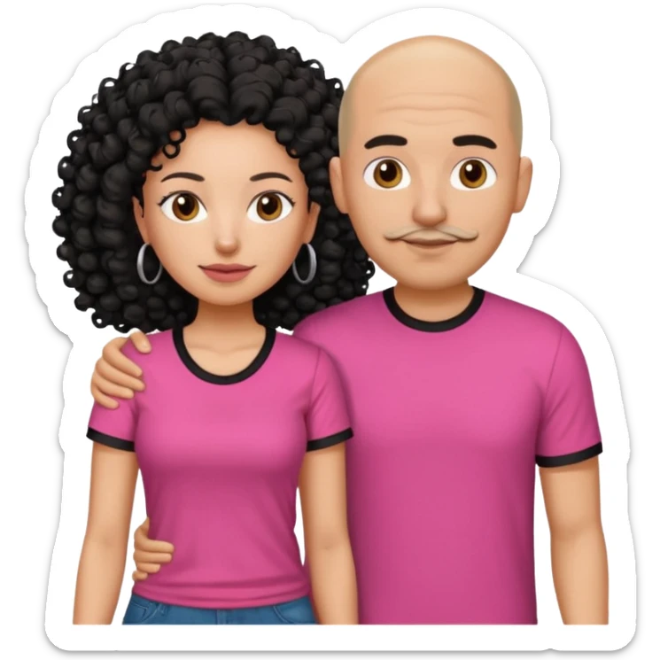 A picture if a couple, the man is a bald Mexican man with a black tee shirt on and the woman is mixed with black and white, with curly hair and a pink shirt on sticker