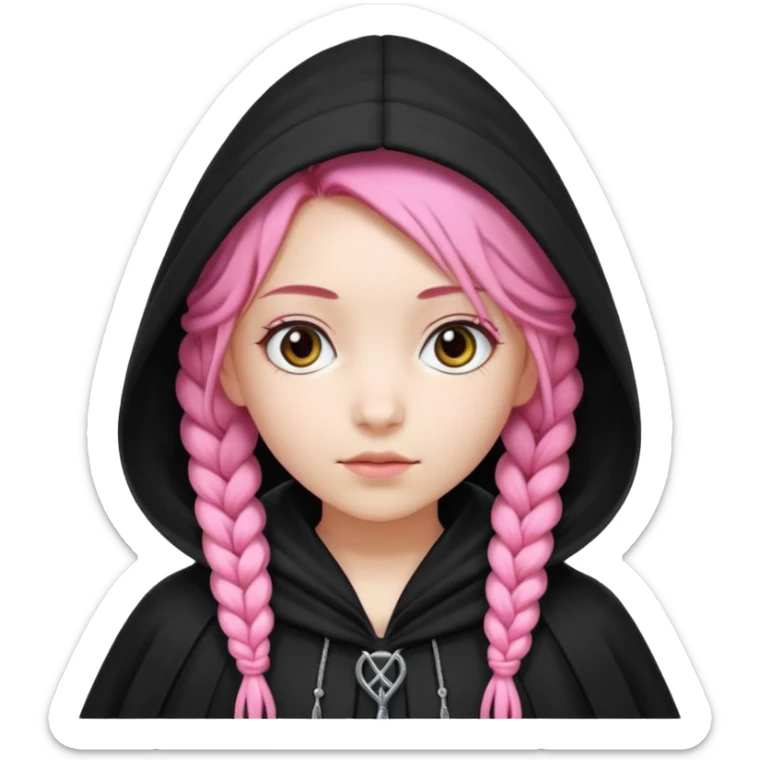 pink braids hair kid girl, white skin, wear black cloak sticker