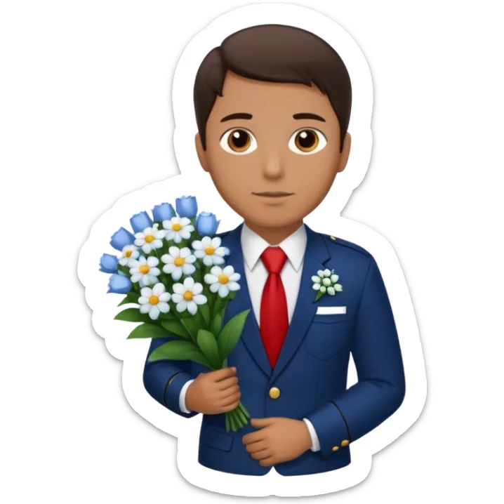 Homme avec bouquet fleurs blanches, avec uniforme bleu foncé cravate rouge, arabe raie sur le coté, brun un peu bronzé et yeux marrons  sticker