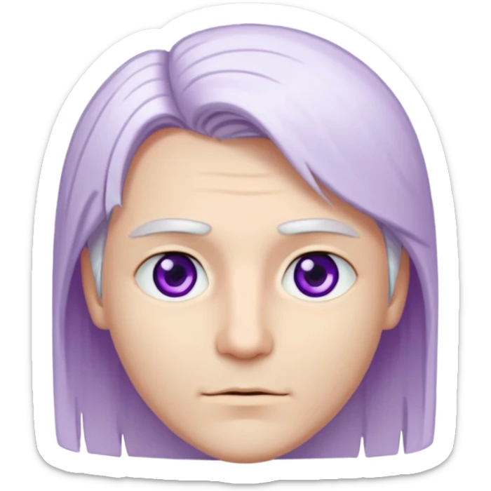 Beyaz uzun ve düz saçları olan,mor göz rengi olan, bembeyaz tenli bir erkek,genç,gözleri hafif çekik ve saçları da teni de bembeyaz olacak,genç olacak,kırışıklığı olmayacak,gözleri çekik ve mor renk olacak,alnında kırışıklık olmayacak,saçı daha beyaz olsun,genç olacak sticker