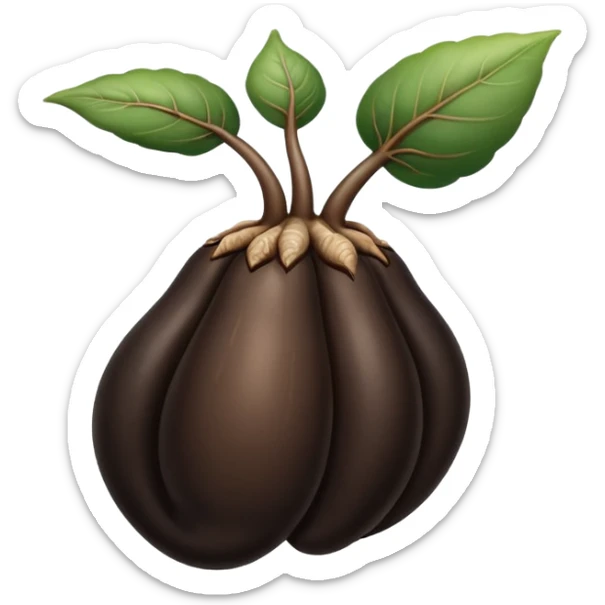 A realistic illustration of black ginseng root (heuksam) in the style of iPhone emoji: glossy dark brown-black color, smooth gradient shading, subtle texture details on the root surface, elegant natural curves, clean simple shapes, no outlines, slight 3D depth, high-quality digital illustration.
 sticker