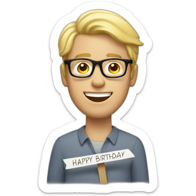 white guy with blond hair with glasses and a sign named Happy Birthday sticker