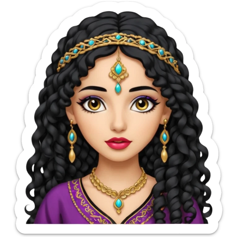 emoji of a fashionable girl with arabian features, long curly hair, light skin, pretty lips, black eyeliner, in arabian clothes sticker