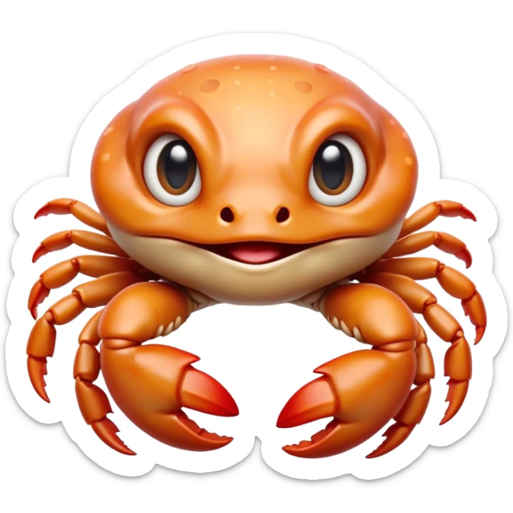 Cinematic Cute Baby Crab Portrait Emoji, Head tilted playfully and inquisitively, featuring an adorably small form with a delicately patterned carapace, round, sparkling eyes, and tiny, endearing pincers, Simplified yet irresistibly adorable features, highly detailed, glowing with a warm, friendly coastal glow, high shine, affectionate and lively, stylized with a touch of seaside whimsy, soft glowing outline, capturing the essence of a mischievous yet loving baby crab that seems as if it could pinch its way out of the screen into your arms! sticker