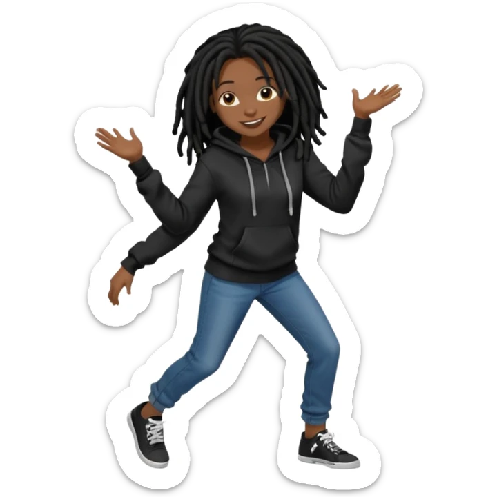 African American girl dark skin with shoulder length black deadlocks wearing I plain black hoodie wearing skinny jeans dancing in street sticker