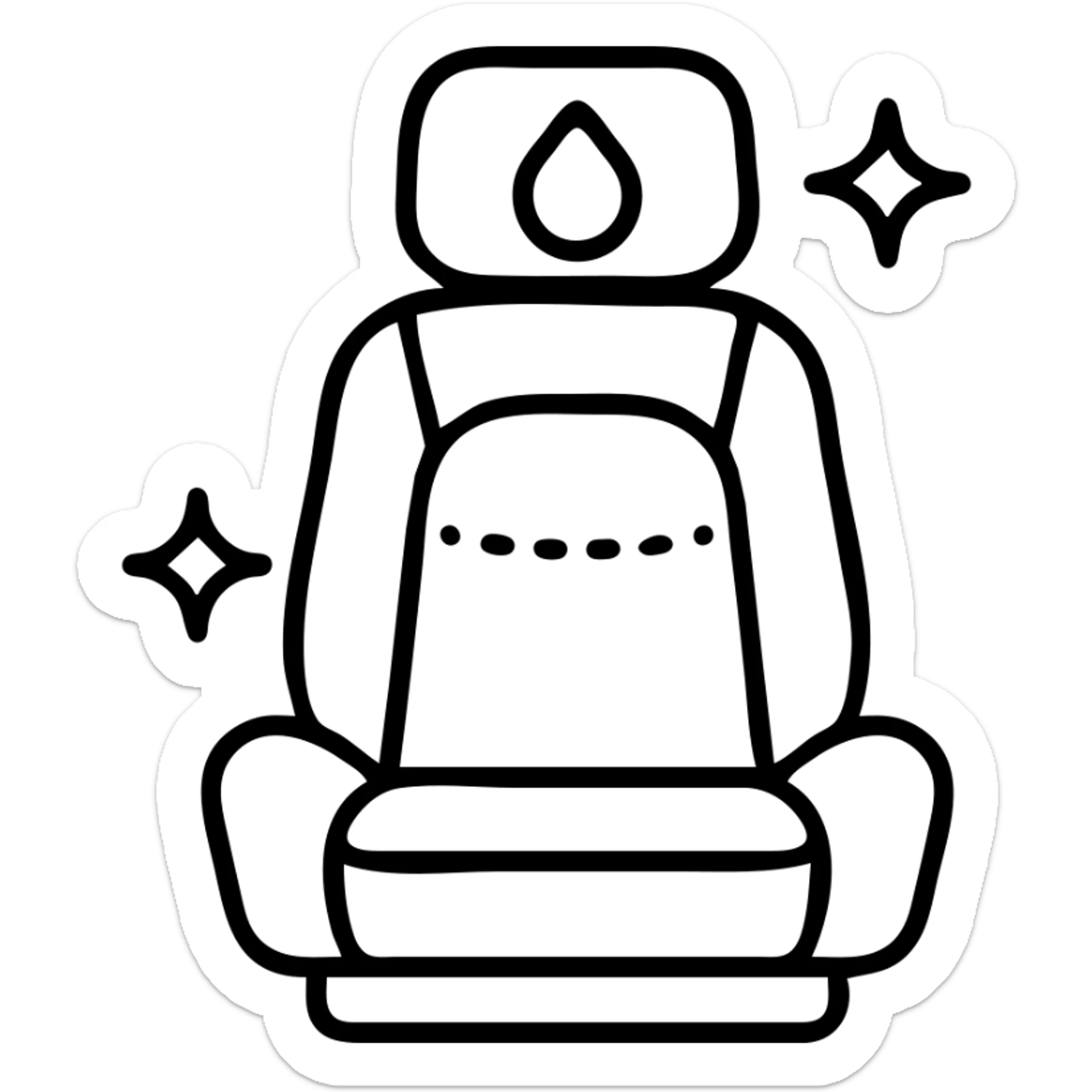 outlined icon of a luxury matte black car seat with a droplet or shield on the headrest, clean lines, elegant stitching, extra shine and sparkling effects, modern and simple sticker