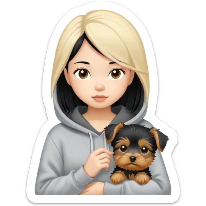 a black-haired Chinese girl in a gey hoodie with a blonde yorkie puppy sticker