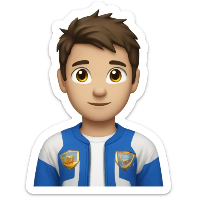 A young boy with short brown hair and brown eyes wearing a blue sonic the hedgehog shirt
 sticker