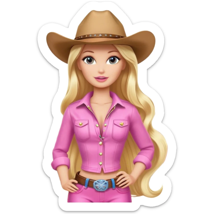 Cowgirl blonde Barbie model, long shiny hair, glamping, pink outfit sticker