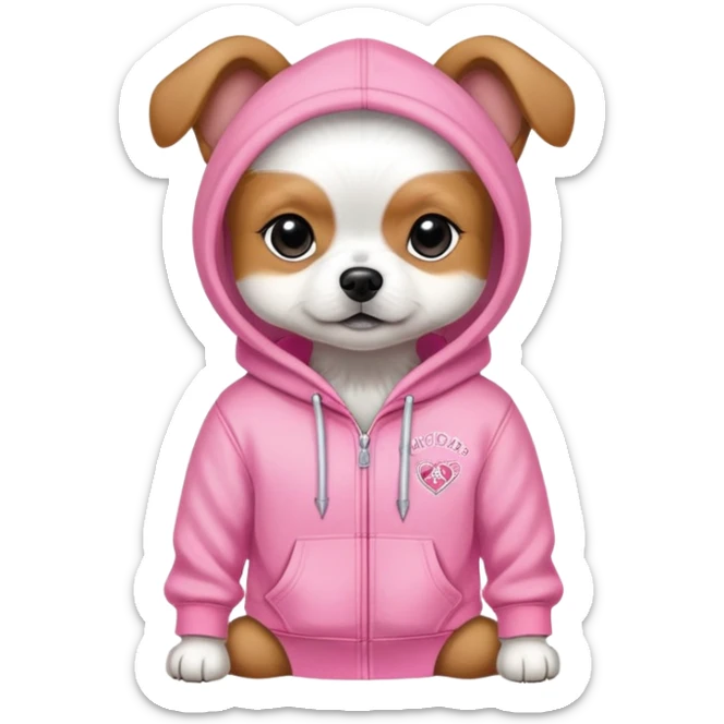 small dog wearing Victoria's Secret pink hoodie with logo sticker