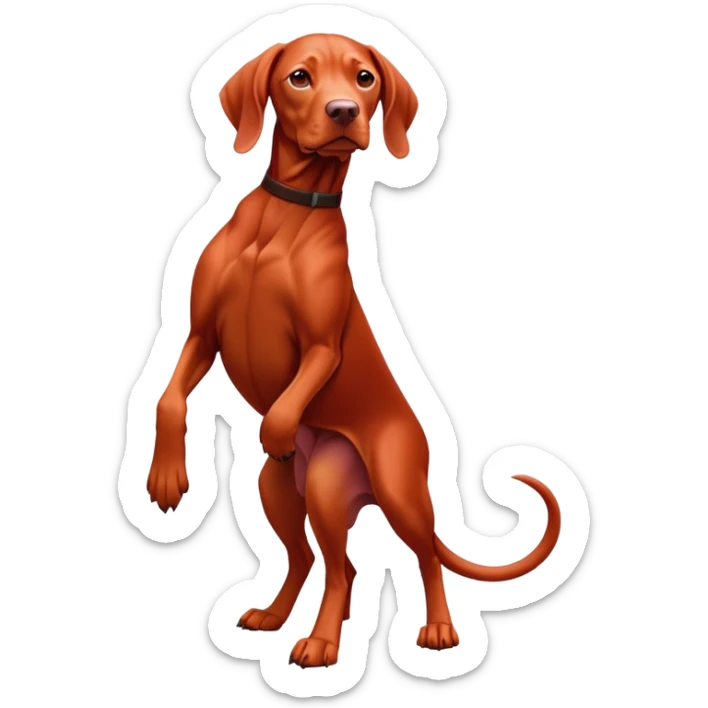 cinematic-[Vizsla-realistic-full-body-standing-emoji,-tail-resting-loosely-beside-its-paws,-head-tilted-dramatically, -sleek-[red]-fur,-simplified-yet-realistic-focused-features,-highly-detailed,-glowing-with-an-almost-sarcastic-glow sticker