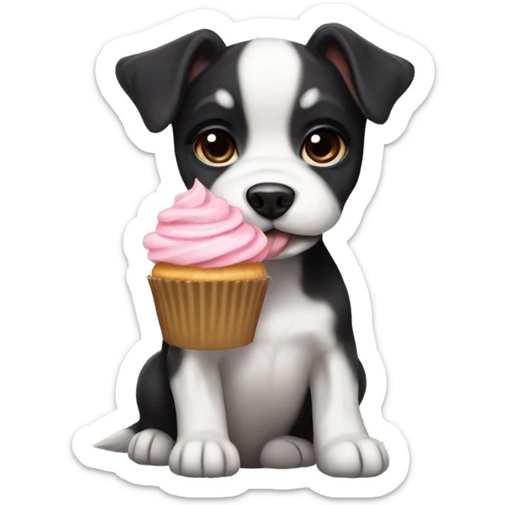Cute big eyed Black and white teddy Roosevelt terrier puppy (no brown) eating a cupcake sticker
