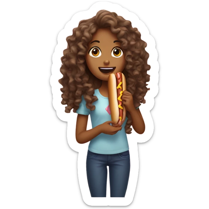 A girl with long curly hair eating hot dog sticker