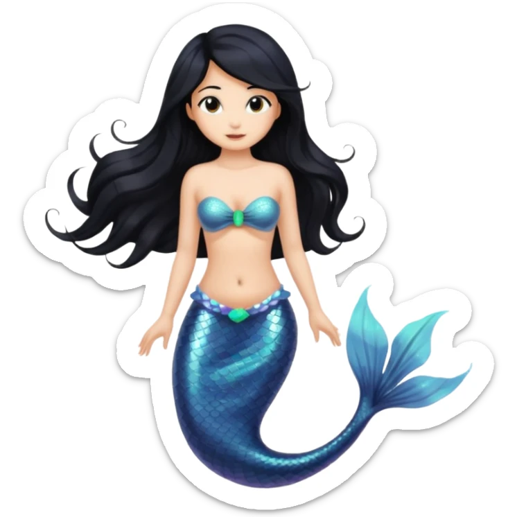 Mermaid with black hair and black and brown tail. Long hair covering chest. sticker