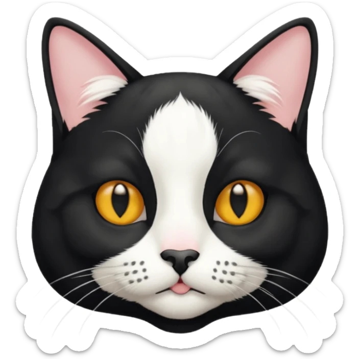 A tuxedo cat, top half body, a black mark near his mouth under the nose sticker