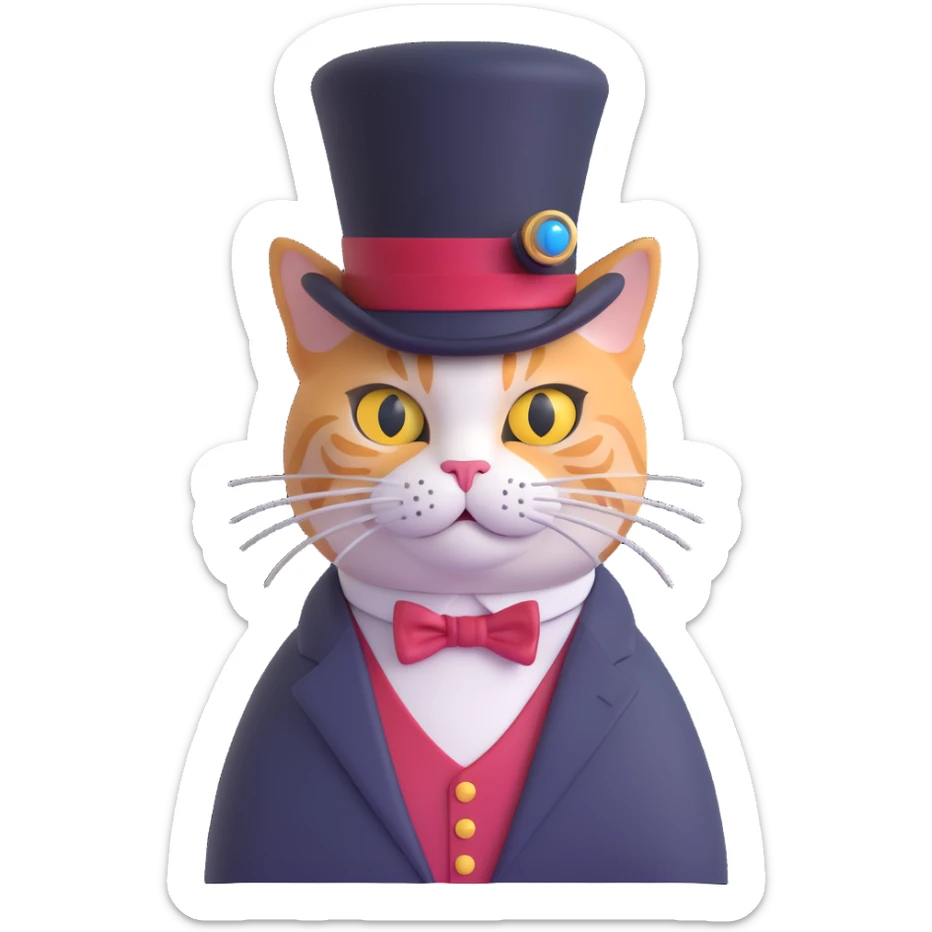A cute cartoon-style emoji of a cat wearing a top hat and monocle, looking sophisticated sticker